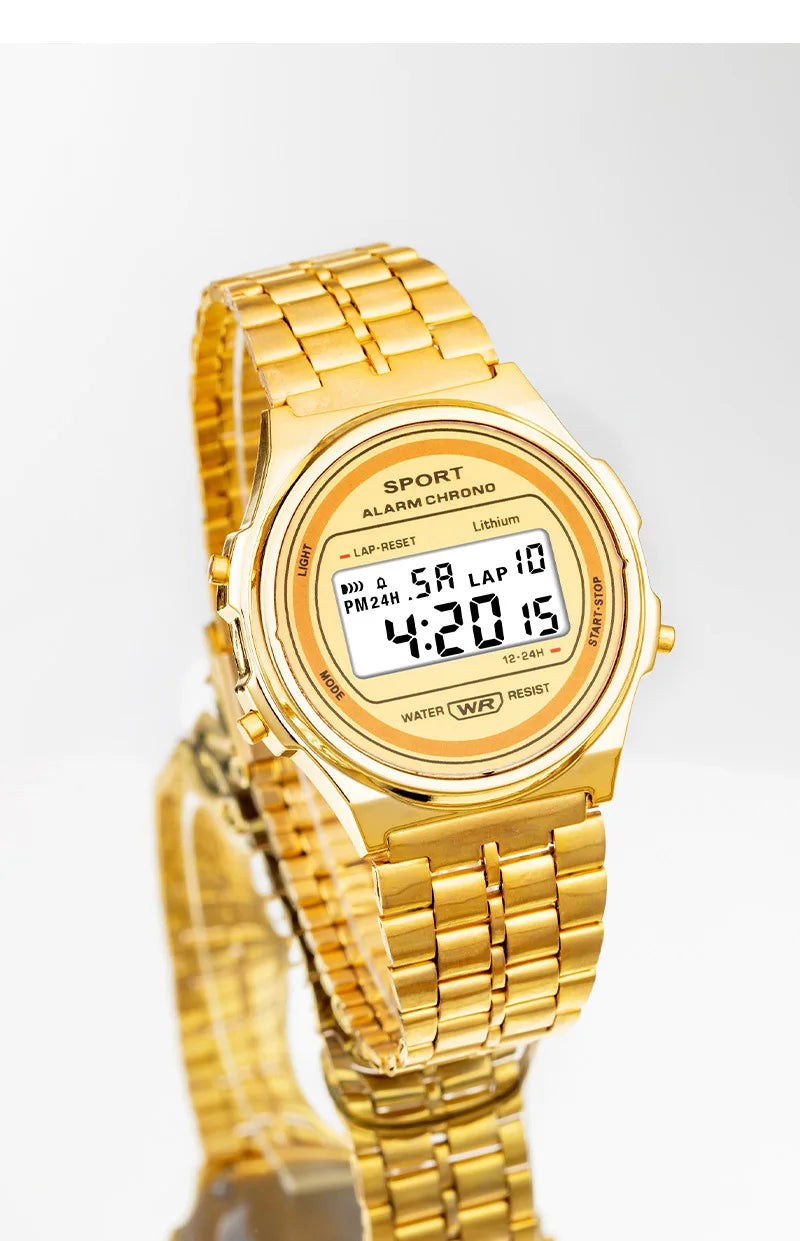 Gold-toned retro digital watch with an LED display, metal link bracelet, and sport alarm chronograph features.