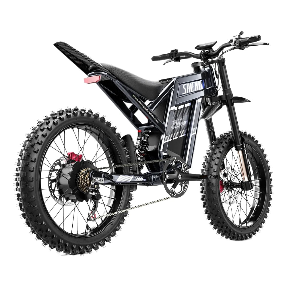 Shengmilo S900 Pro black electric mountain bike with dual suspension, thick knobby tires, and extended motorcycle-style seat.