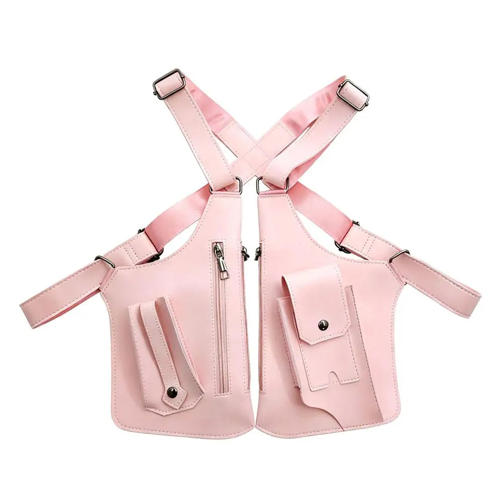 Light pink tactical chest rig featuring adjustable straps, multiple pockets, and secure zip and stud fastenings.