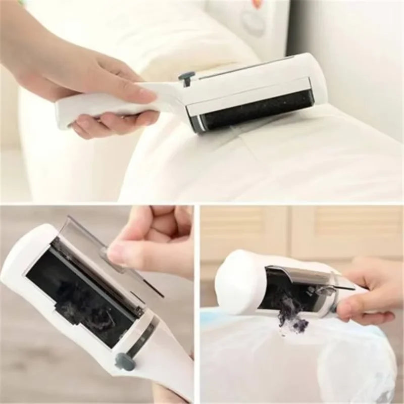 White handheld pet hair remover with a cleaning brush and a compartment to empty collected lint and fur.