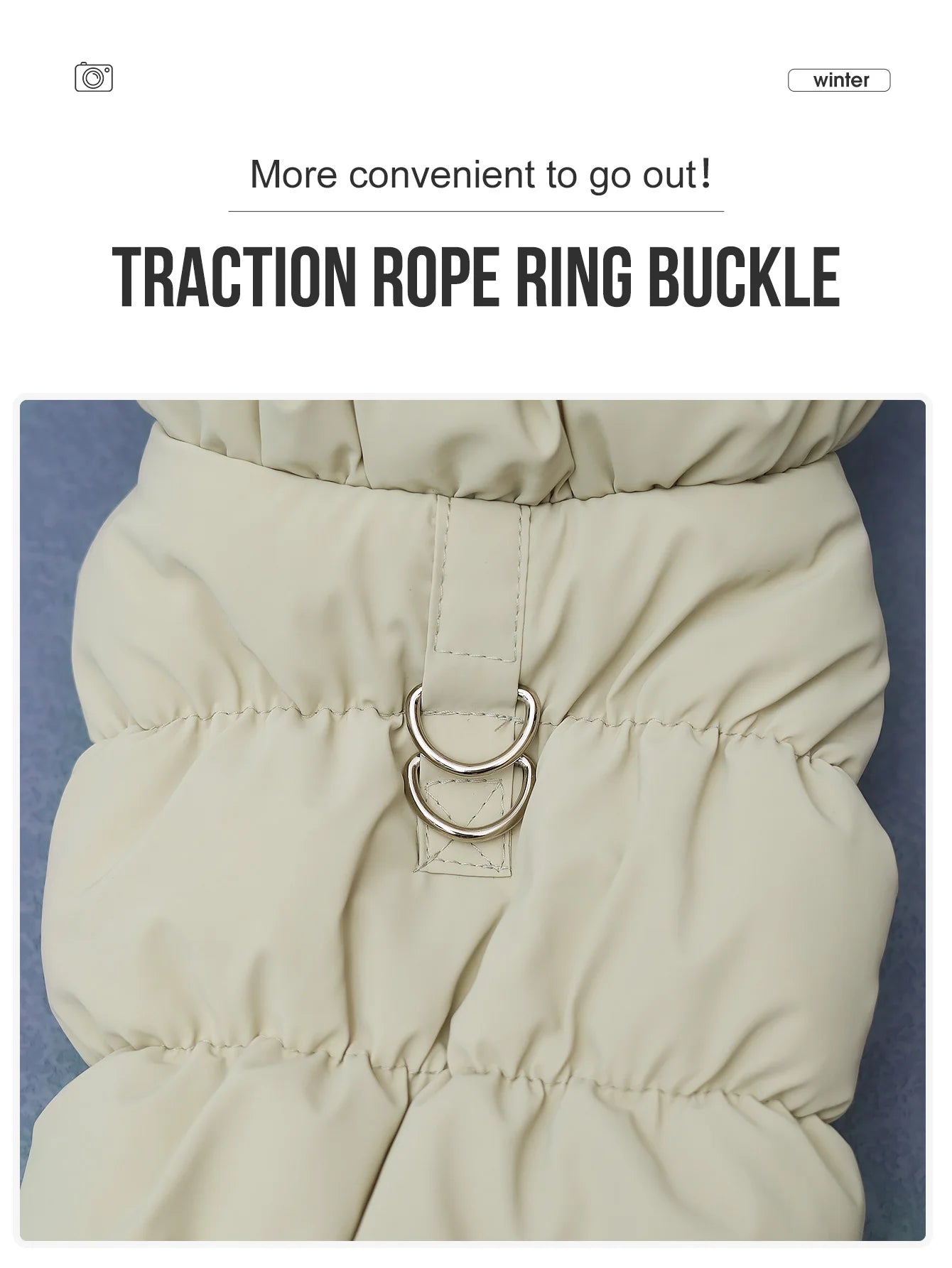 Cream-coloured, quilted 3-layer winter dog jacket featuring a built-in double D-ring lead attachment point.