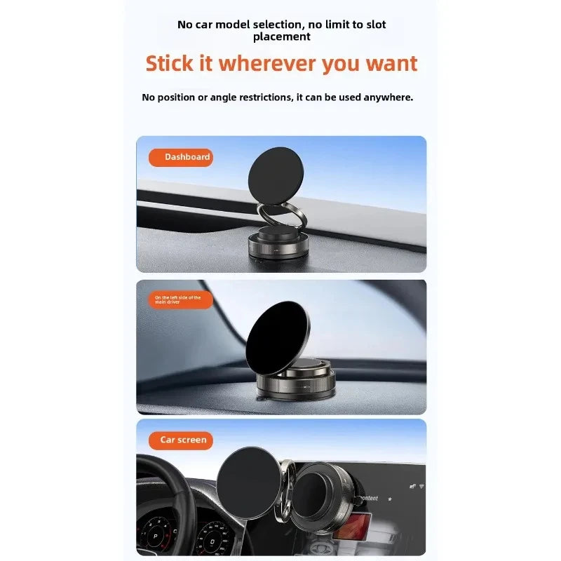 A black, circular magnetic car phone mount with an adjustable ring base, shown mounted in various vehicle locations.
