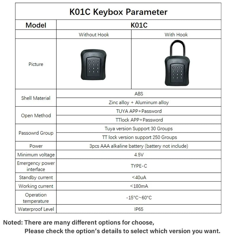 Black K01C smart keybox made of zinc and aluminum alloy, with app and keypad access, available with or without hook.