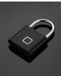 Black metal padlock with a silver steel shackle and a square integrated fingerprint scanner on the front.