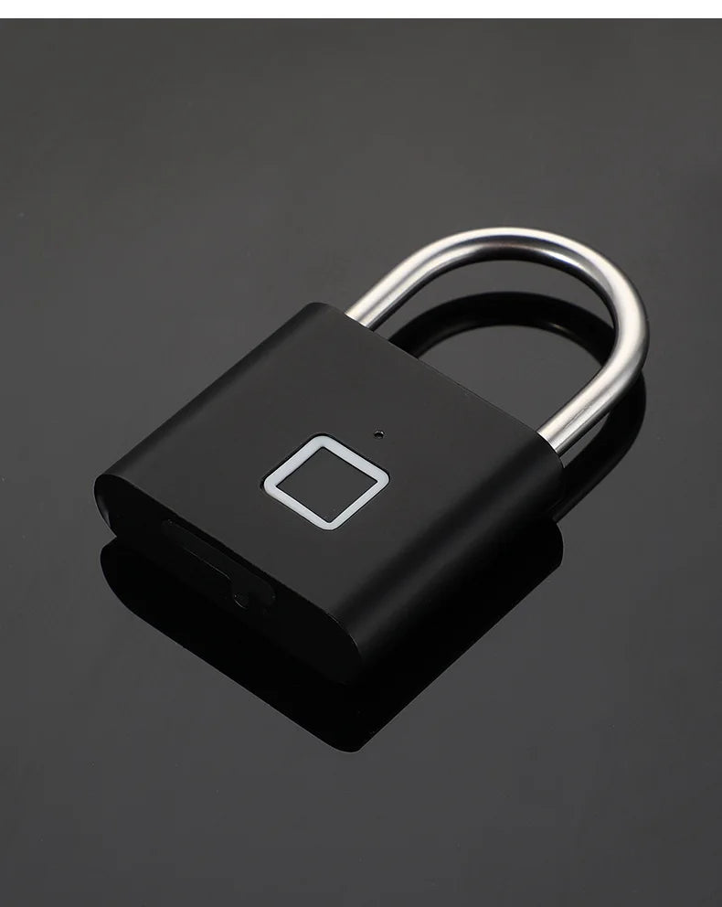 Black metal padlock with a silver steel shackle and a square integrated fingerprint scanner on the front.