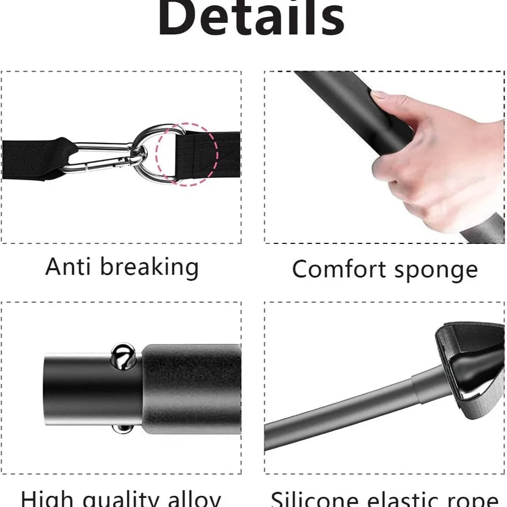 Four feature panels showing a black resistance band set: a steel carabiner, a foam grip handle, alloy tubes, and a silicone rope.