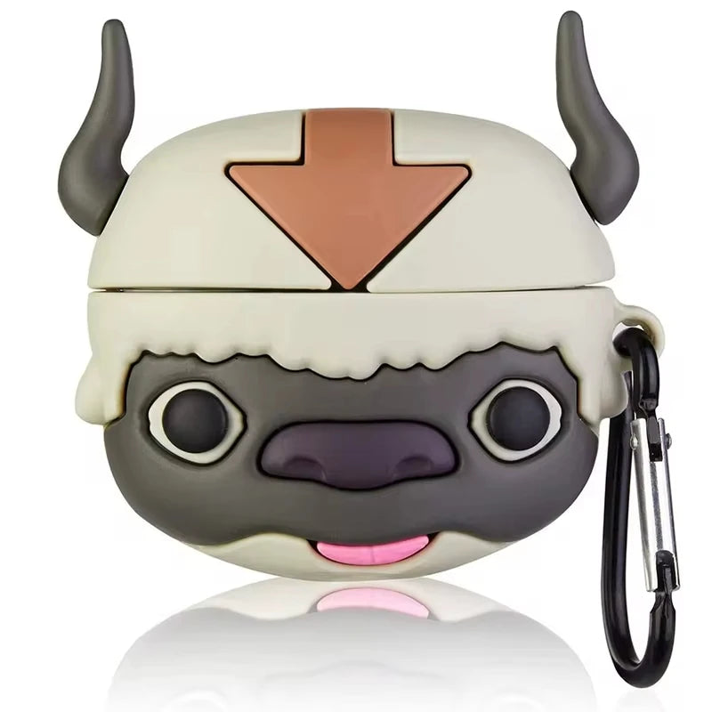 Appa character silicone AirPods case in cream and grey with an arrow design and black metal carabiner clip.