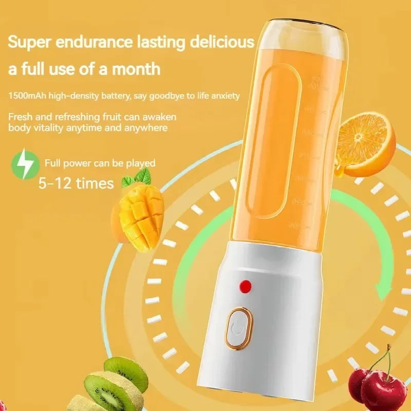 Portable personal blender with a white base and clear bottle, filled with orange juice, against a yellow background.