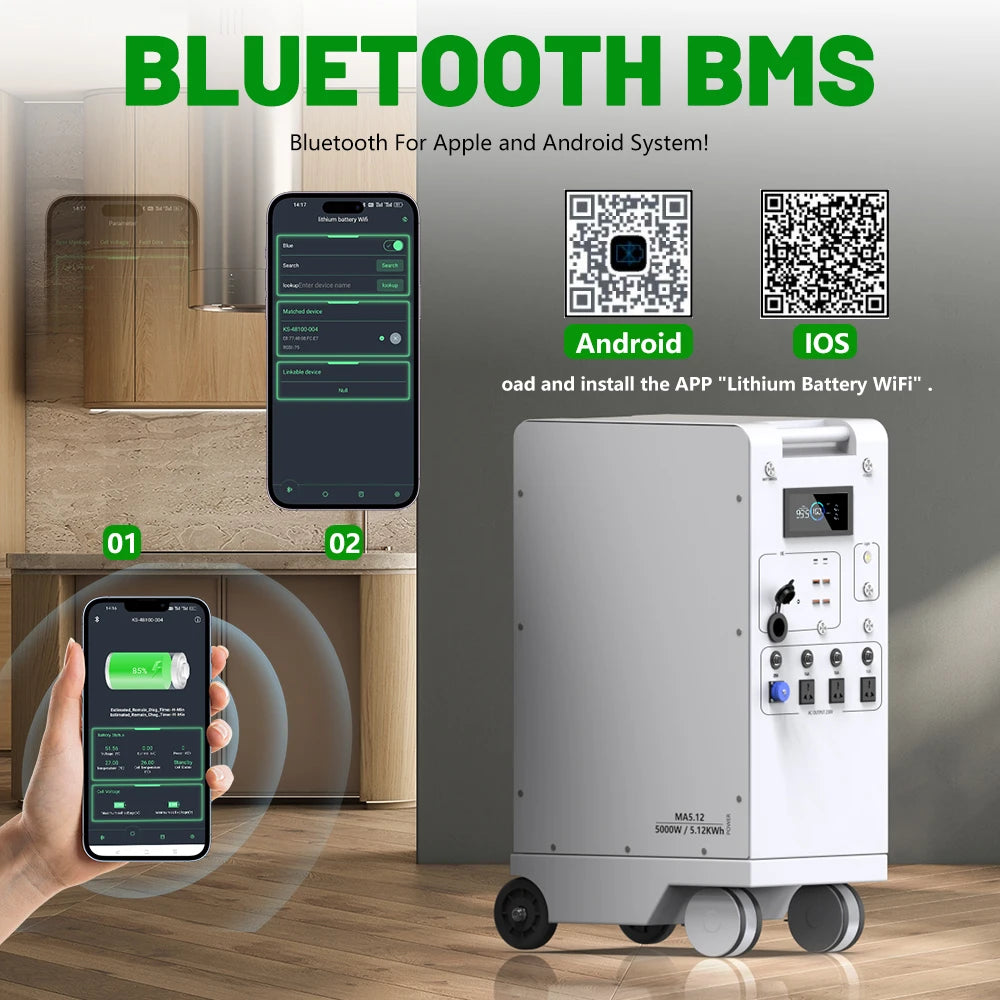 A white portable power station on wheels, two smartphones displaying an app, and QR codes for Android and iOS.