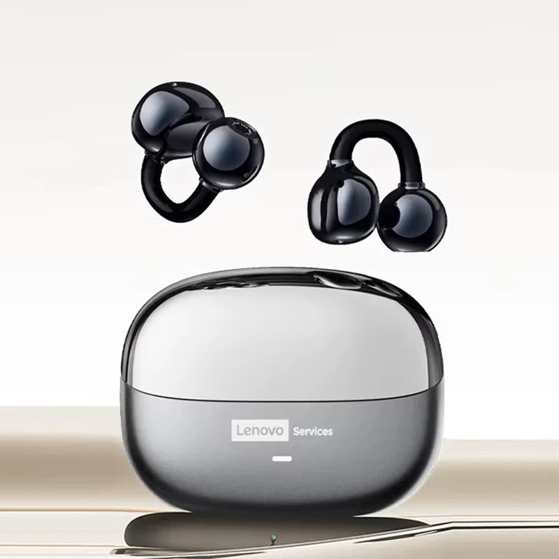 Glossy black, unique loop-style wireless earbuds floating above a reflective silver charging case.