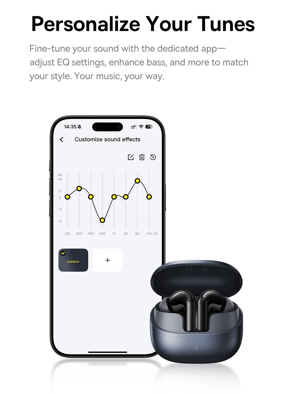 Smartphone displaying an EQ sound settings app next to a pair of black wireless earbuds in their charging case.