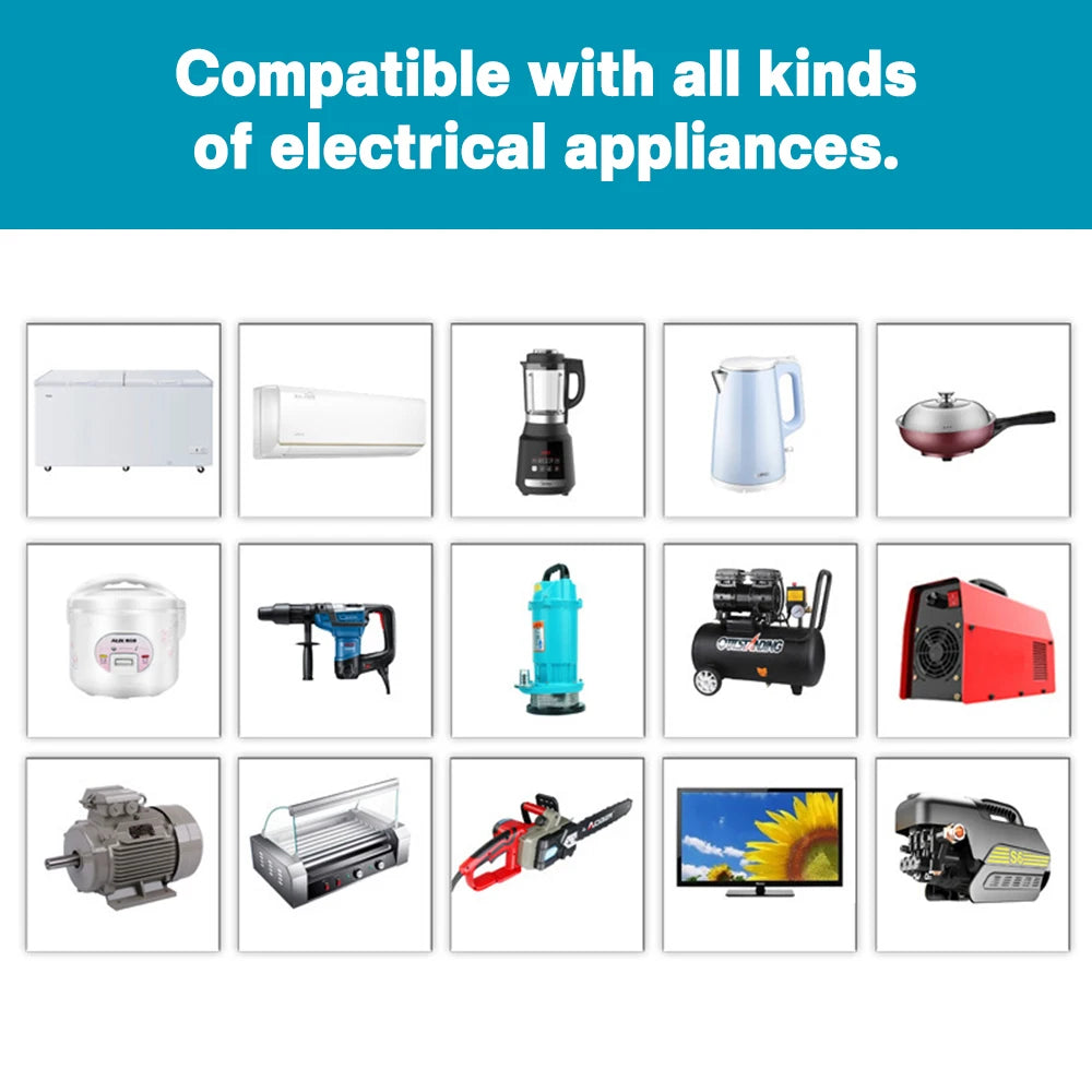 Grid of various electrical appliances like a kettle, drill, TV, and tools, showing compatibility with the power inverter.