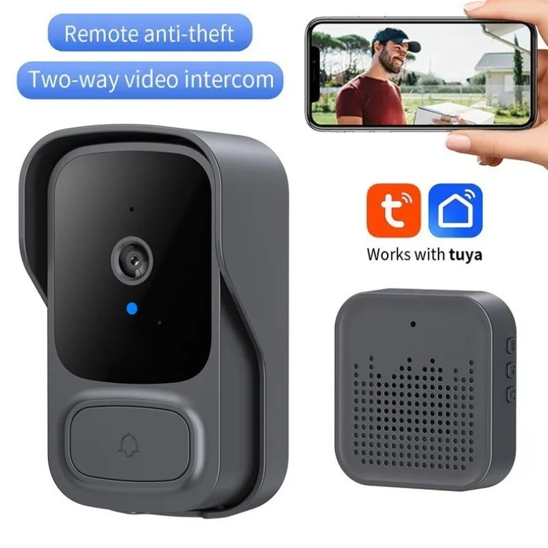 A modern grey wireless video doorbell with HD night vision, shown with a matching chime speaker and phone app view.