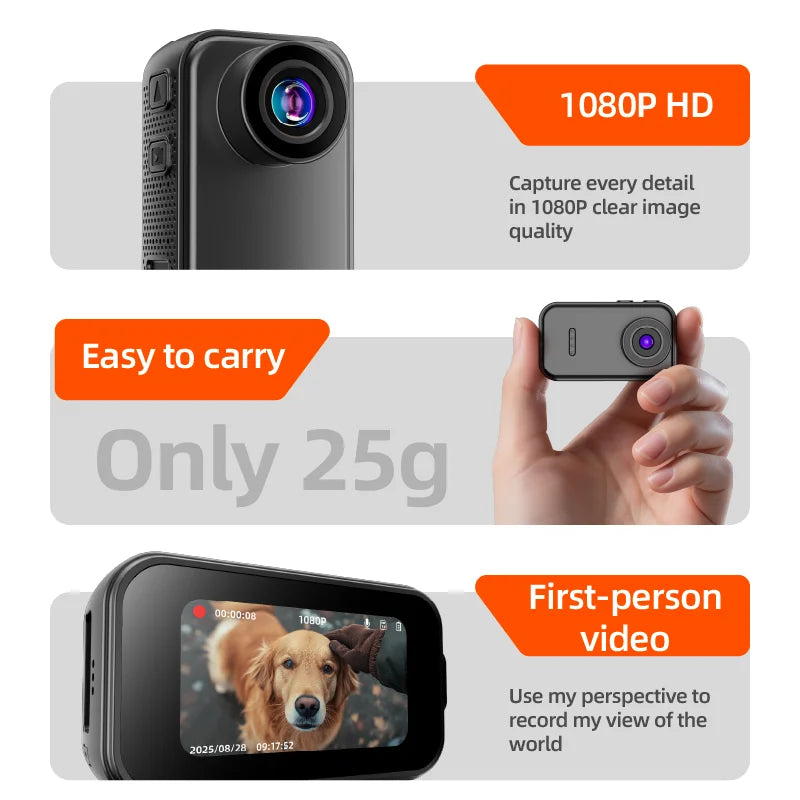 Small black plastic 1080p camera weighing 25g, held in hand, showing a dog on the screen for first-person recording.