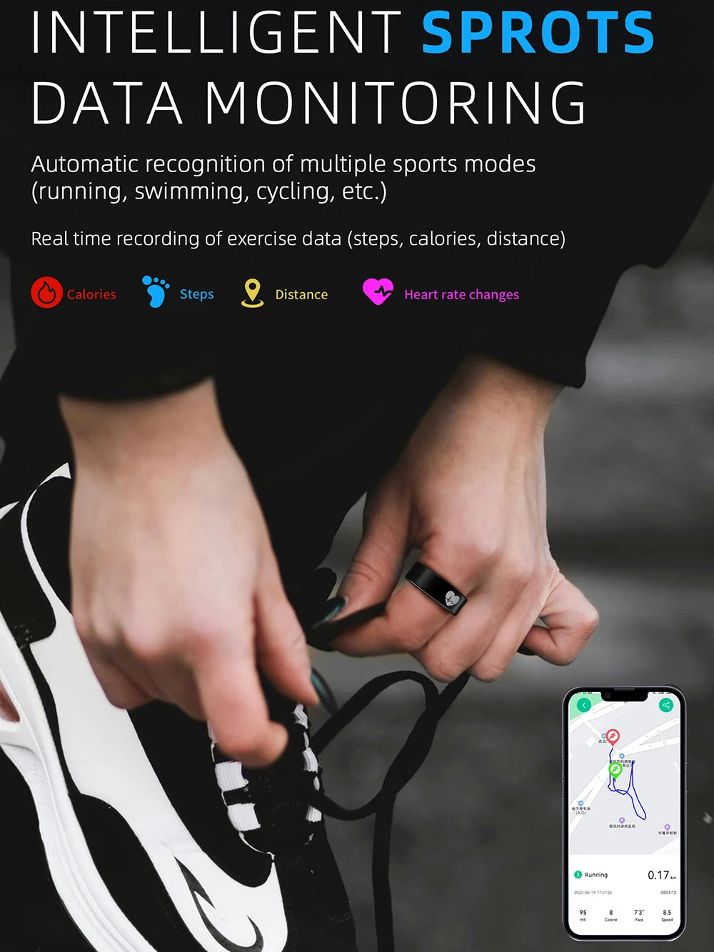 A person ties trainers while wearing a sleek, black smart fitness ring with a small heart icon on their finger.