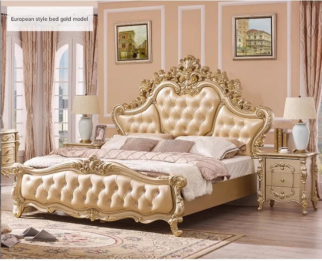 Luxury champagne-gold princess bed with ornate carved detailing and a diamond-tufted, upholstered headboard and footboard.