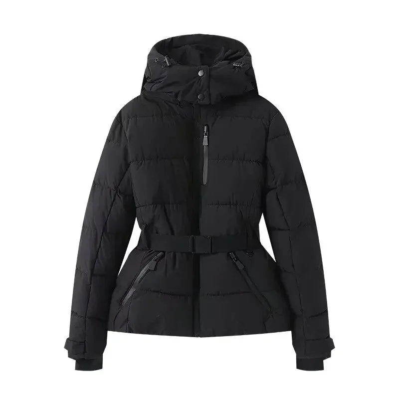 Black hooded puffer jacket with a belted waist, zip-up front, and side pockets against a white background.