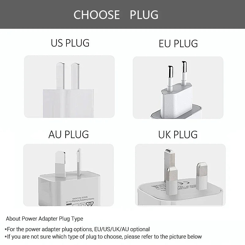 Four white power adapter plug types available: US, EU, AU, and UK styles for the smart home alarm system.