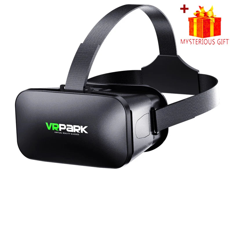 Black VR headset with adjustable fabric straps and a mysterious gift box icon on a white background.