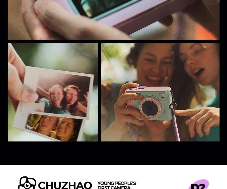 Pastel pink and mint instant camera with purple strap held by two people, showing printed photos of them together.