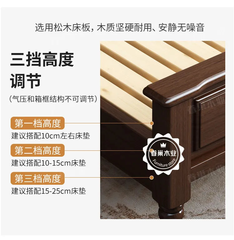 Dark brown wooden bed frame with visible pine slats and three adjustable height settings for different mattress depths.