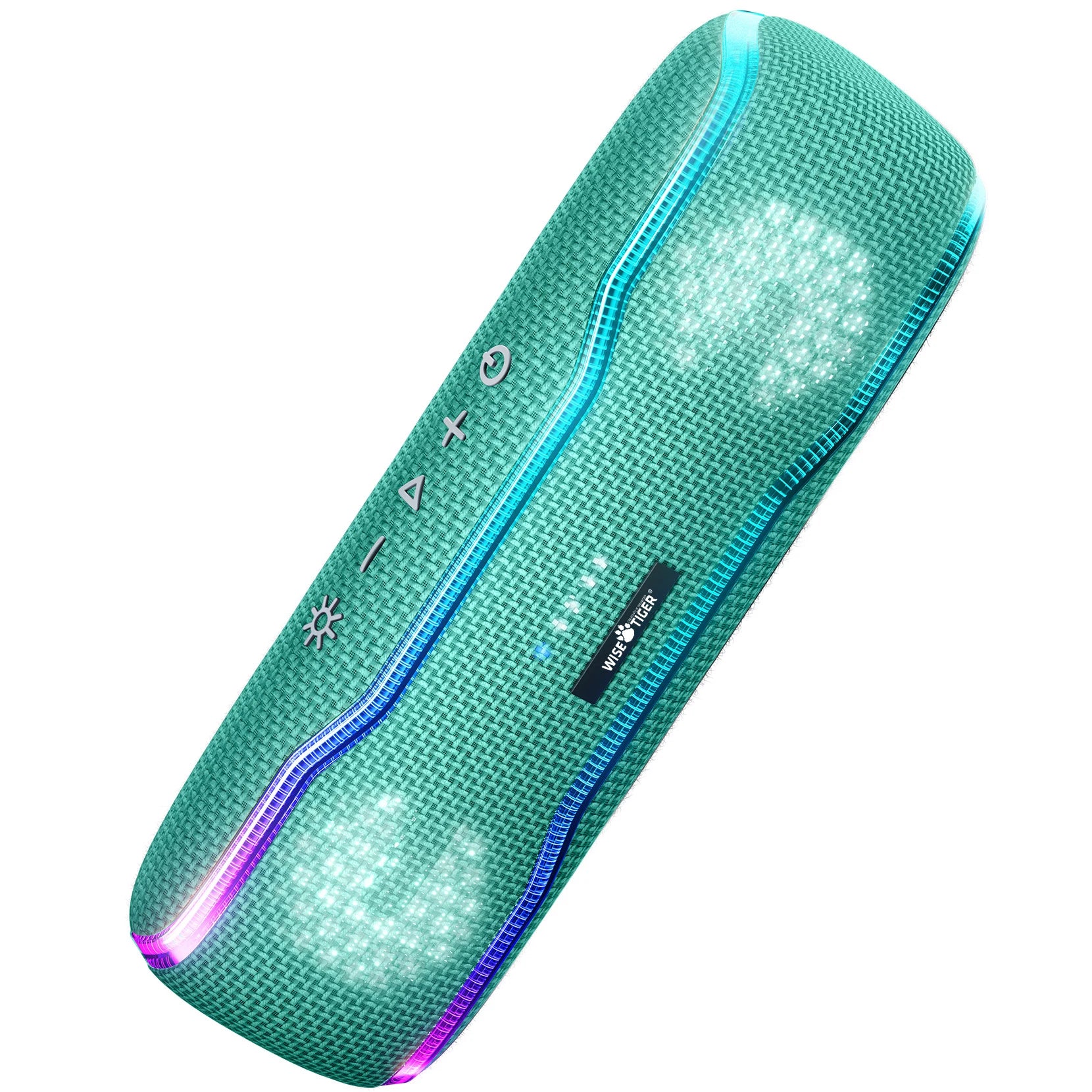 Teal fabric-covered portable Bluetooth speaker with integrated LED light strips and top-mounted control buttons.