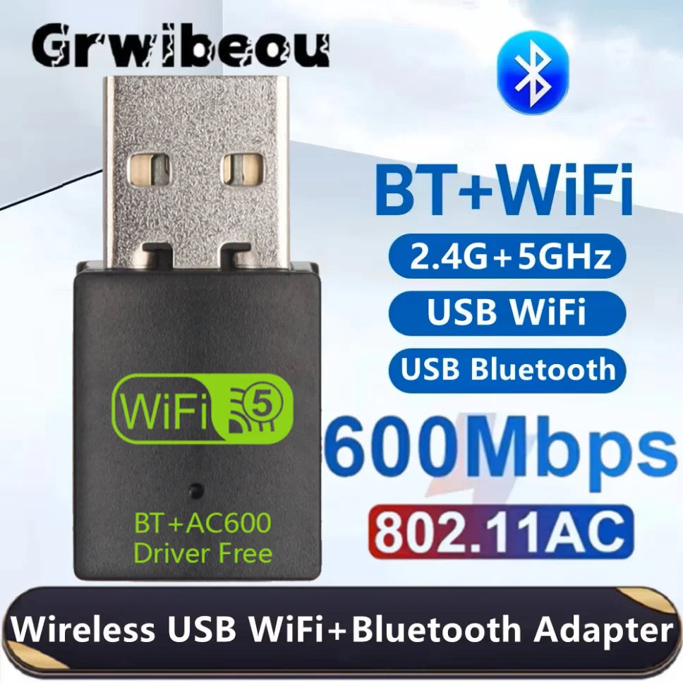 Compact black 600Mbps 2-in-1 USB dual-band WiFi and Bluetooth adapter with green branding.