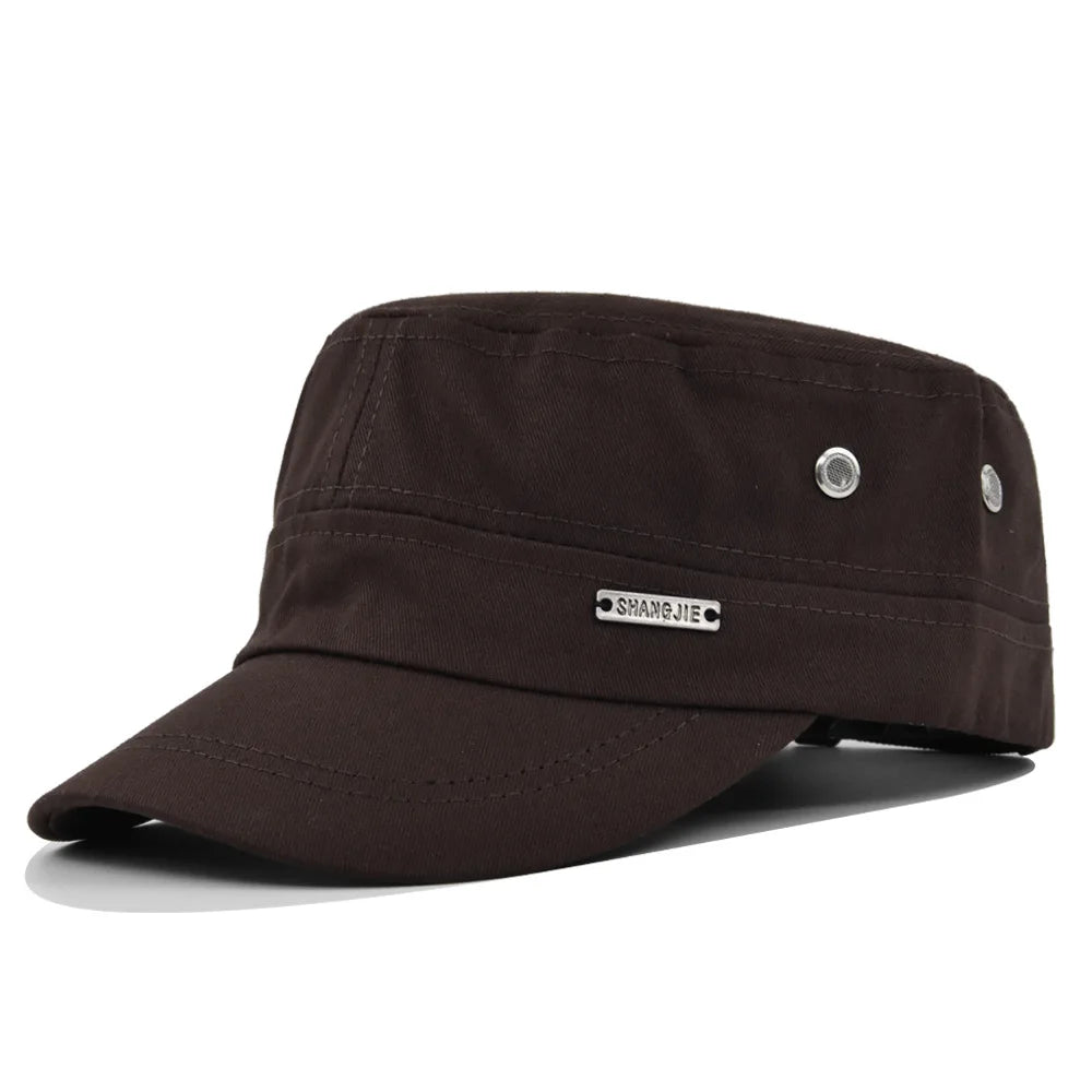 Dark brown unisex military-style flat cap with a structured crown, curved peak, and silver-tone side eyelet detail.