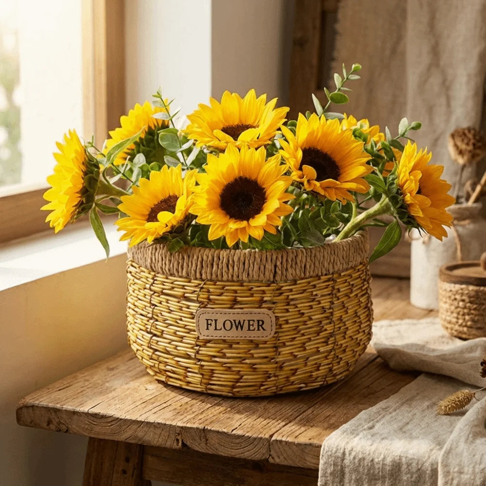 Sunflowers in a rustic, round woven basket with a "FLOWER" label, sitting on a wooden table by a window.