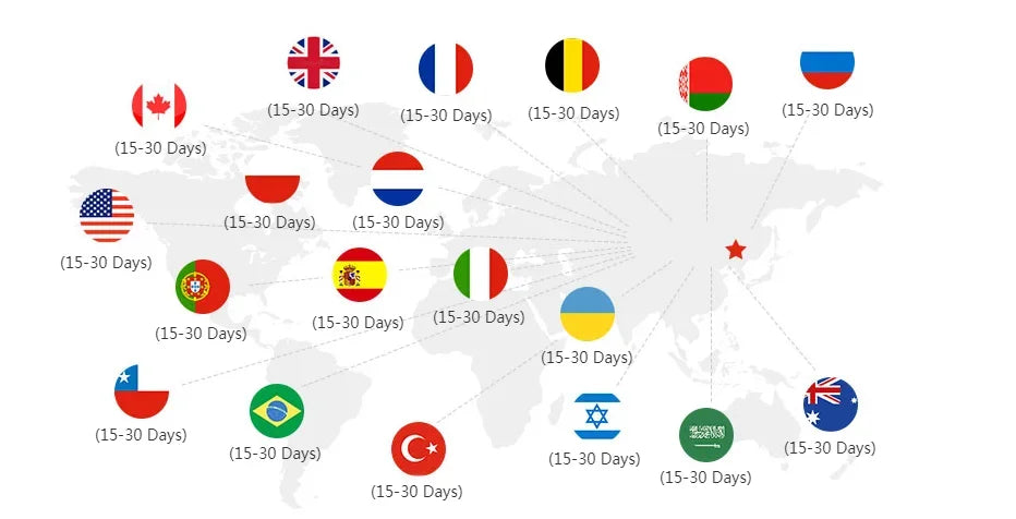 World map with international flag icons indicating a 15-30 day shipping estimate to various countries.