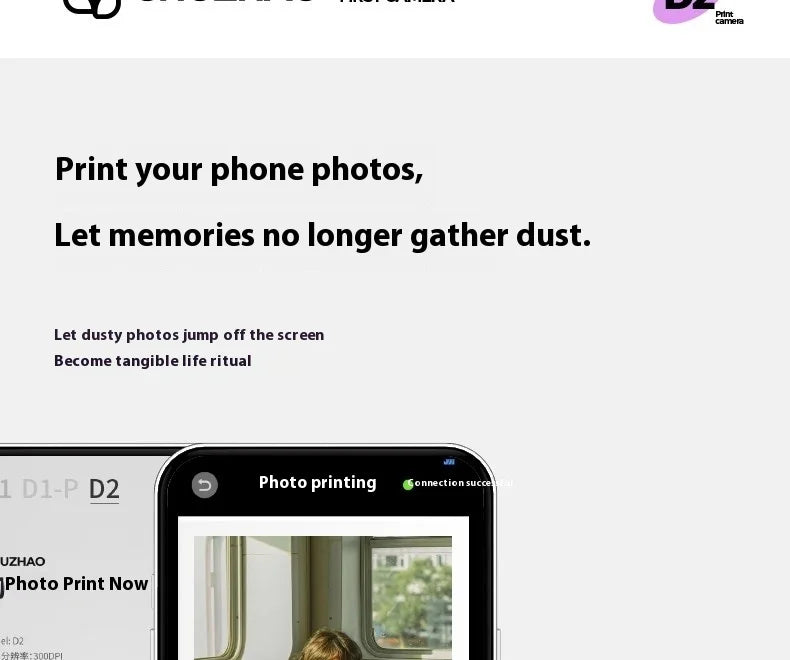 Smartphone screen displaying a photo printing app interface with a preview of a person on a train.