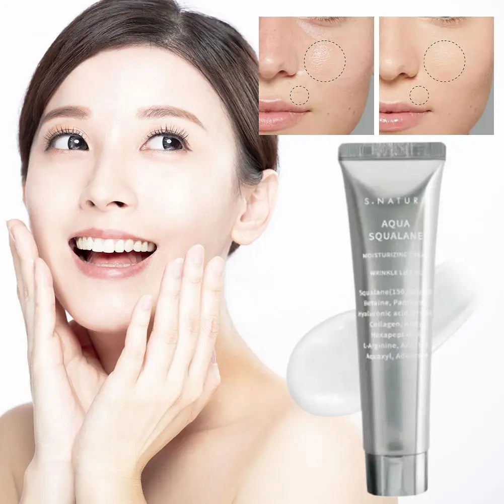 Silver tube of moisturizing squalane wrinkle cream shown with a smiling woman and before-and-after skin comparison.