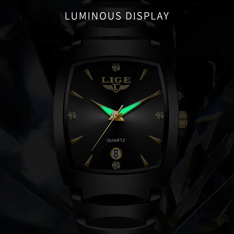 Elegant ladies' black stainless steel quartz watch with crystal accents, gold-tone markers and glowing luminous hands.