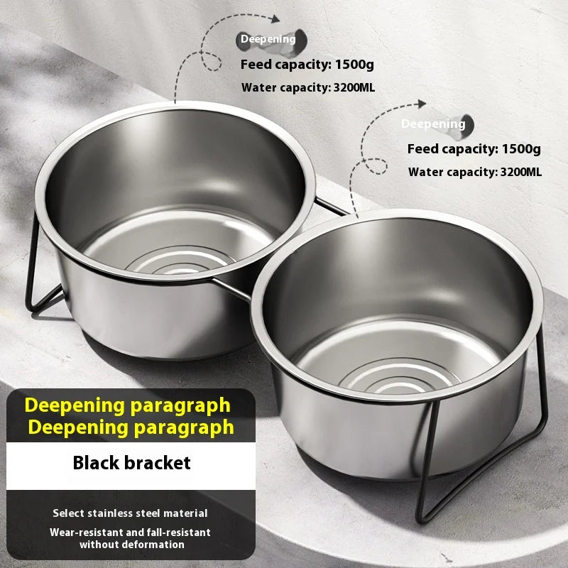 Two large silver stainless steel dog bowls on a thickened black metal elevated stand.