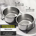 Two large silver stainless steel dog bowls on a thickened black metal elevated stand.