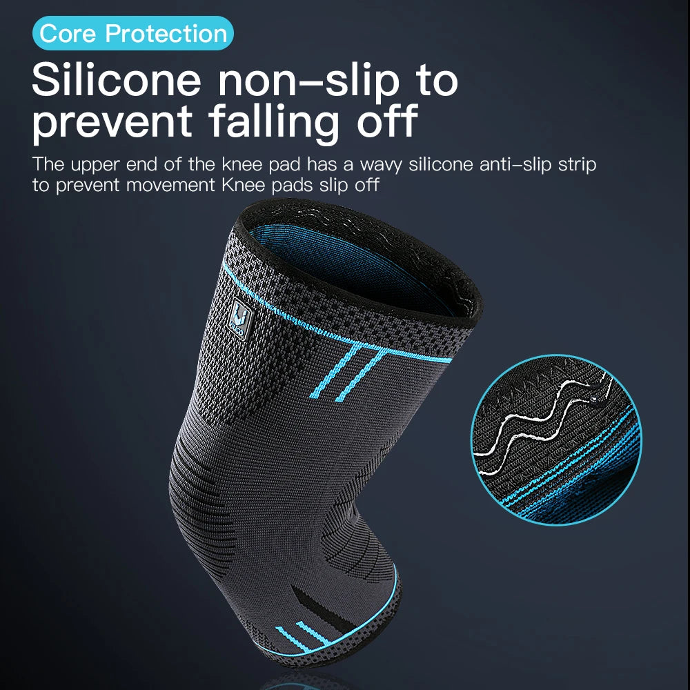 Black and blue compression knee sleeve with a wavy silicone anti-slip strip at the top to prevent it from slipping.