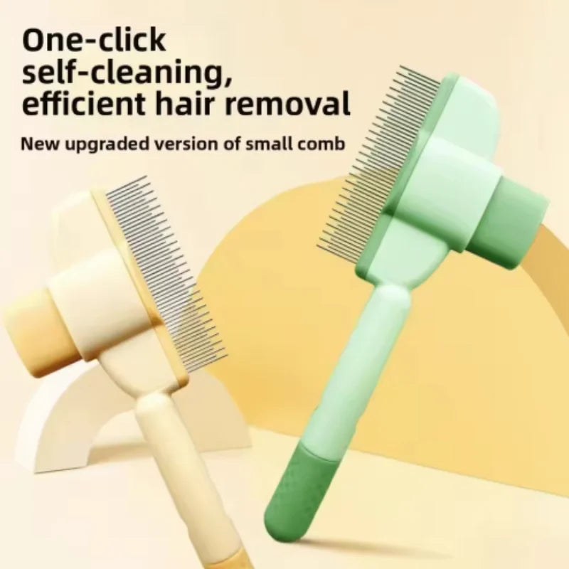Two self-cleaning pet grooming brushes in cream and light green, featuring wire bristles and an ergonomic handle.