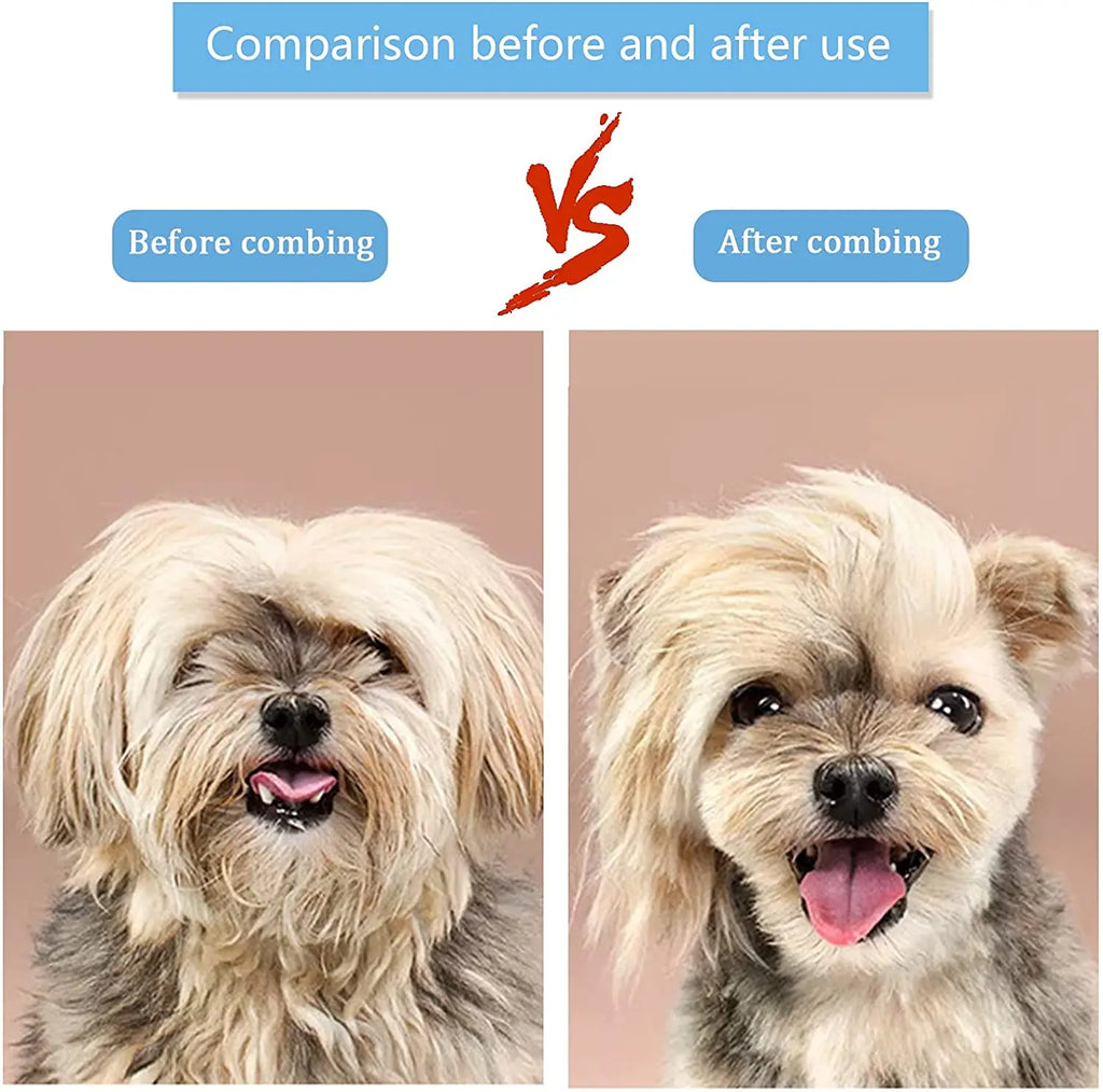 A before and after comparison of a light-brown and grey dog, showing smooth, groomed fur after combing.