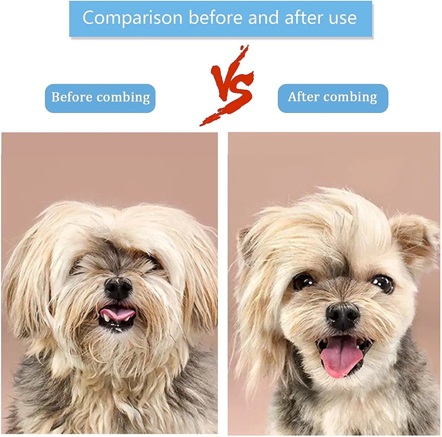 A before and after comparison of a light-brown and grey dog, showing smooth, groomed fur after combing.