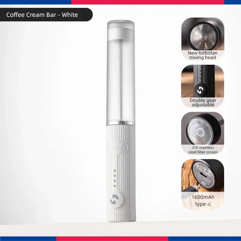White, cylindrical coffee cream bar with a textured handle, adjustable gear button, and stainless steel filter head.
