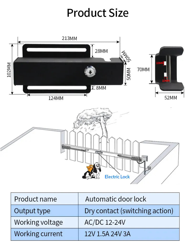 Black metal automatic gate lock with key cylinder, featuring dimensions and installation diagram for electric gate use.