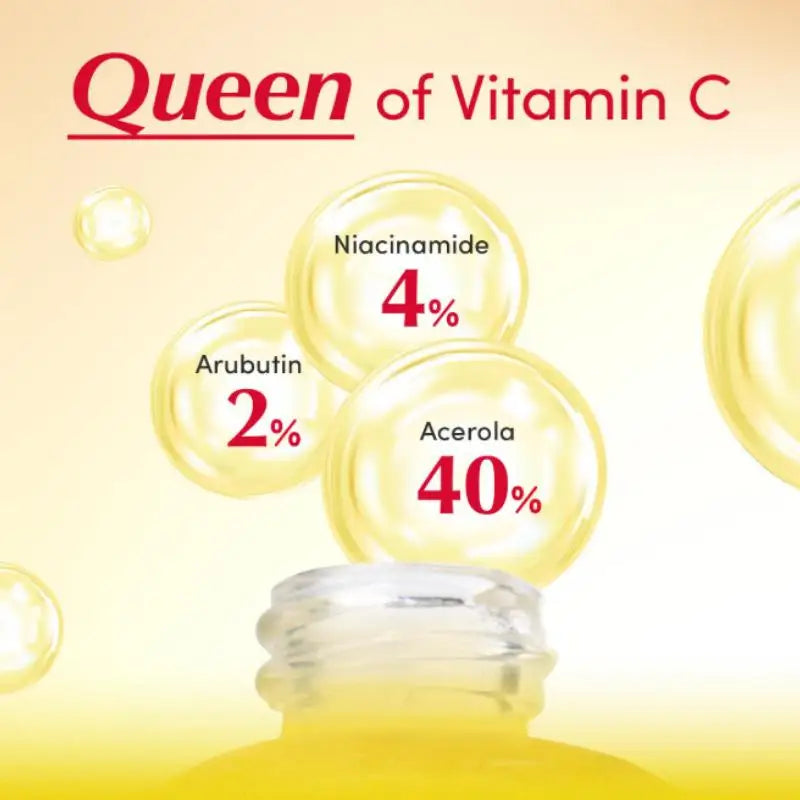 Skincare serum bottle with floating droplets highlighting 4% niacinamide, 2% arbutin, and 40% acerola ingredients.
