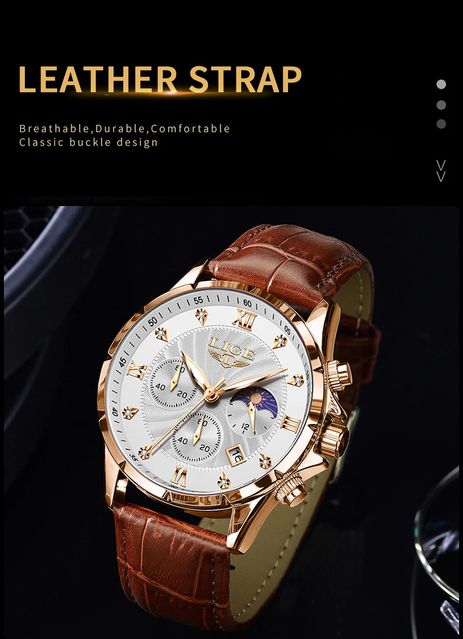 Men's chronograph watch with a rose gold case, textured silver dial, and brown crocodile-embossed leather strap.