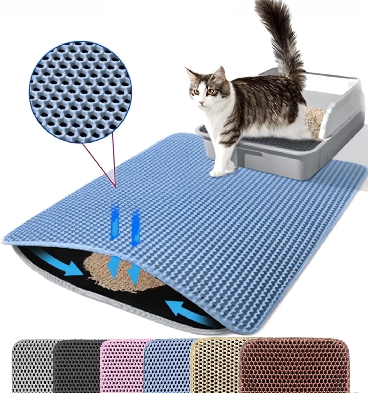 Blue double-layer waterproof cat litter mat with a honeycomb top for trapping litter, shown with various colour options.