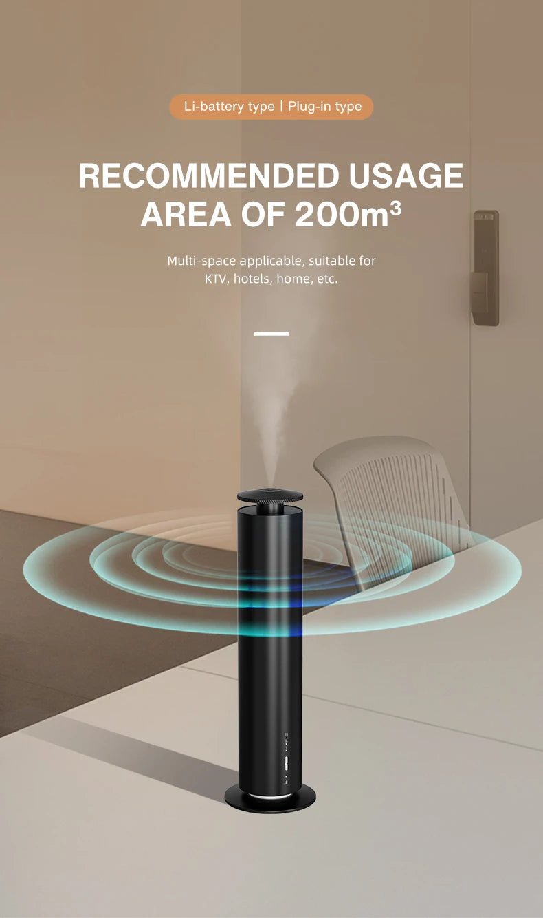 Sleek black, cylindrical smart aroma diffuser emitting mist, suitable for 200m³ spaces. Battery or plug-in power.