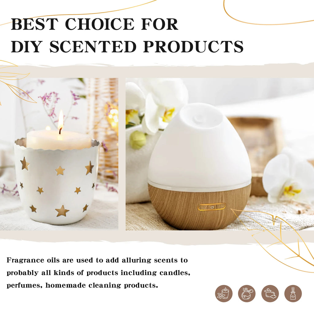 White star-cut candleholder and teardrop diffuser with wood-grain base, shown in a lifestyle setup.