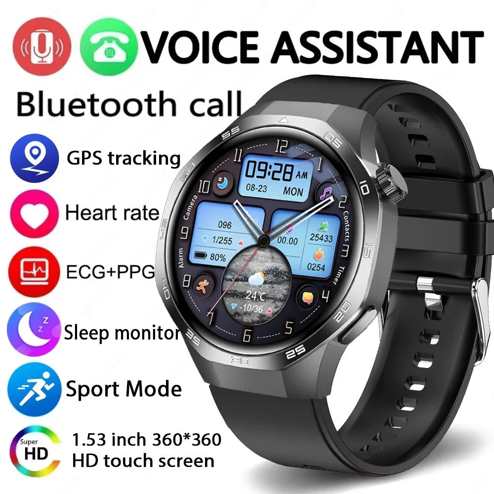 Black smartwatch with a circular HD touch display, silicone strap, and icons showing GPS, heart rate, and call features.