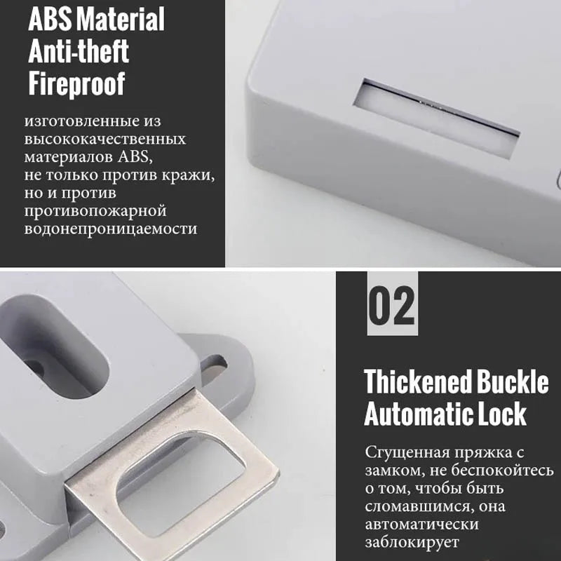 Grey ABS plastic automatic locking latch with a thickened metal buckle for security.