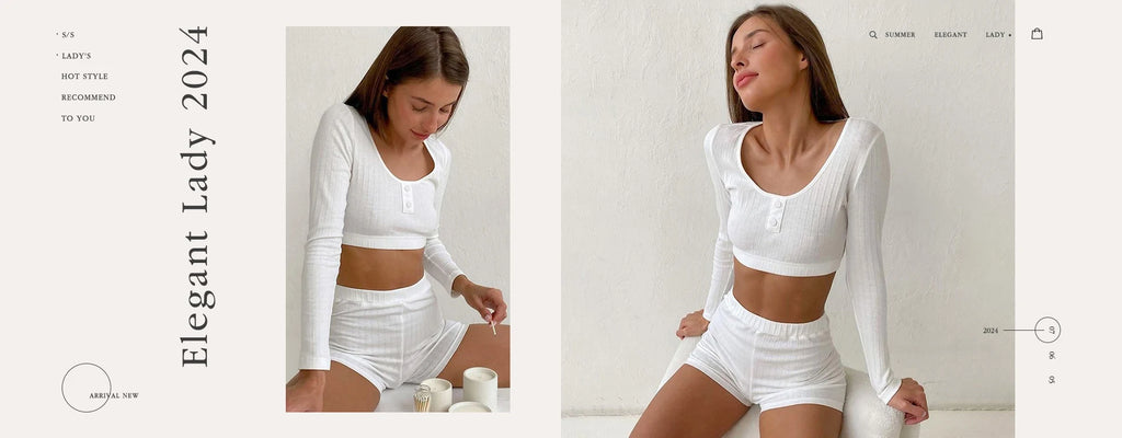 Woman wearing a white, ribbed long-sleeve button-up crop top and matching high-waisted shorts set.