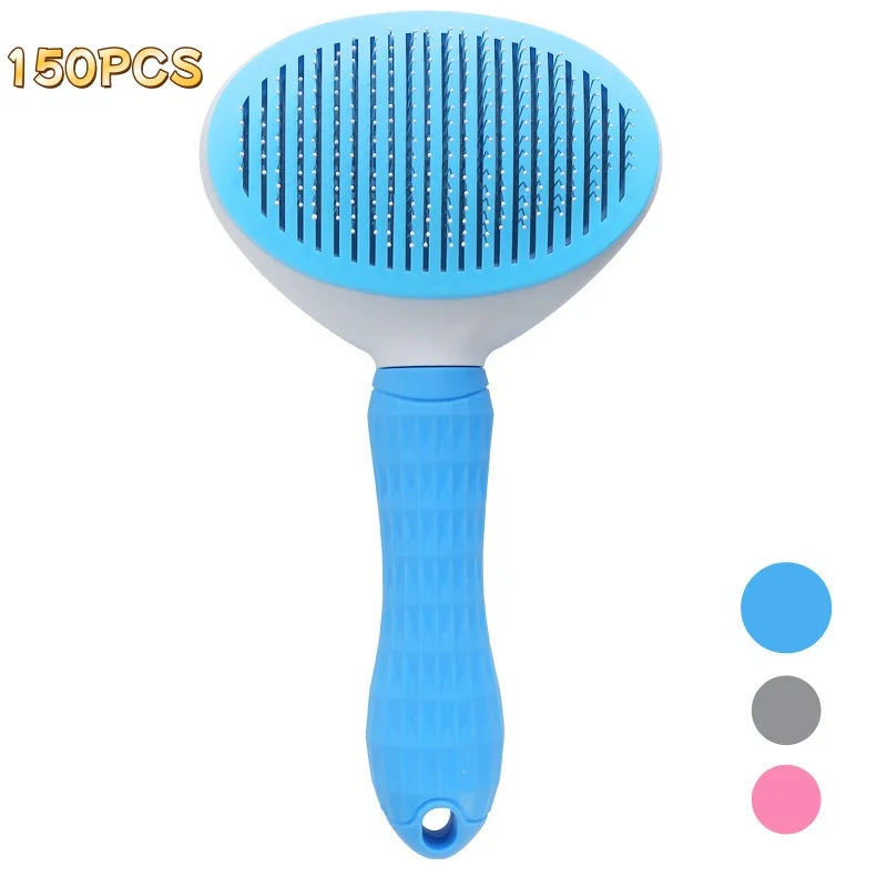 Blue pet slicker brush with a textured handle, white head, and fine metal bristles, plus three colour options.